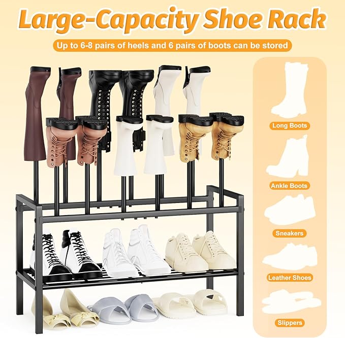 Freestanding Shoe Racks - 3 Tier Metal Boot Rack with 12 Long Posts Holds 6 Pairs Tall Boots, Shoe Storage Organizer for Entryway Closet Bedroom Hallway Indoor Outdoor