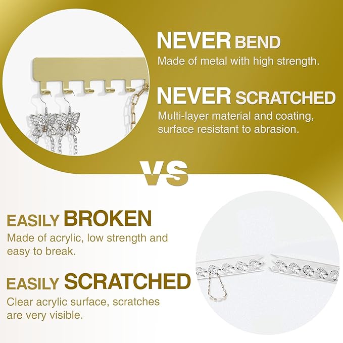 Bussdis Necklace Holder Hanging Jewelry Organizer: Self-Adhesive Wall Organizer for Necklaces, 2 Pack, Gold