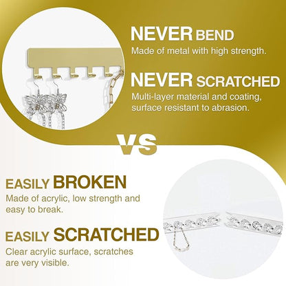 Necklace Holder - Hanging Jewelry Organizer, Self-Adhesive, Wall Mount, 2 PCS, Gold