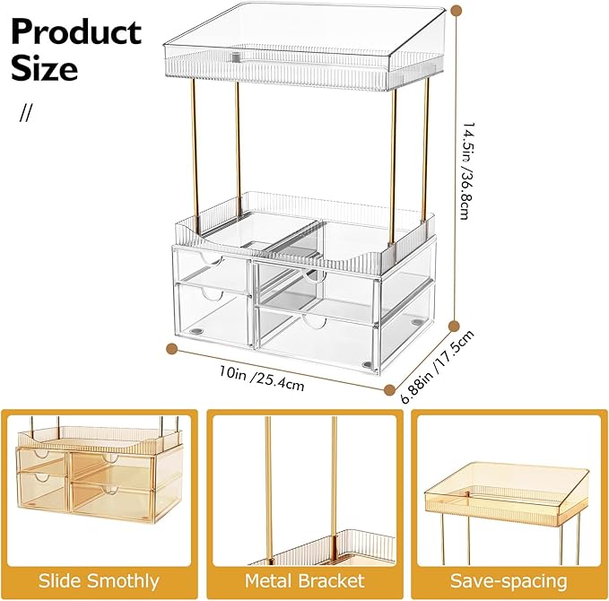 SNSLXH 4 Drawers Makeup Organizer - 4 Tier Makeup Storage, Cosmetics Organiser, Ideal for Cosmetic, with Drawers for Countertop, Bathroom, Office Supplies, Dresser Transparent Clear
