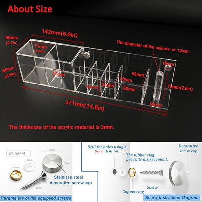 Wall-Mountable Arylic Makeup Organizer for Bathroom Countertop Organizer with 9 Slots for Small Items Clear Bathroom Storage Accessories 1 Pack with Decorative Screws