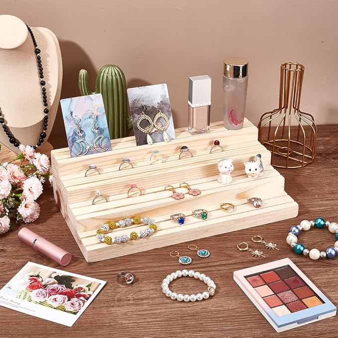NBEADS 4-Tier Wood Jewelry Display Stand, Wooden Earring Organizer Holder with Grooves Jewelry Showcase Rack for Rings Earring Display Cards Photo Home Decorations