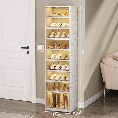 SYNCVIBE Shoe Rack Organizer for Closet Entryway 9 Tiers-18 Pairs Foldable Sneaker Storage Shoe, Collapsible Shoe Cabinet with Doors, Stackable Shoe Storage Cabinet with Lids for Living Room