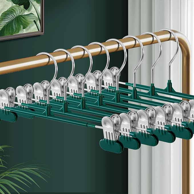 14Inch Clothes Pants Hangers with WideClips 10 Pack,Non-Slip Adjustable Skirt Hanger for Women,Space-Saving Heavy Duty Men Hangers for Pants,Trousers,Jeans,Shorts,Green