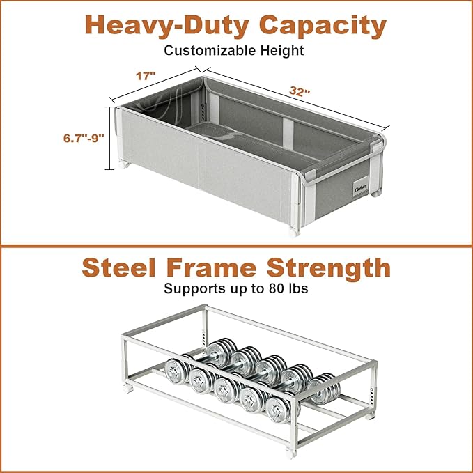 Fokyfok 2Pack Under Bed Storage with Wheels,6.7"-9" Adjustable Height Underbed Storage,Under Bed Storage Containers,Rolling Under Bed Clothes Storage,Metal Under Bed Drawers for Shoes,Blankets,Toys