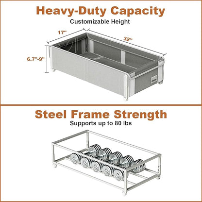 Fokyfok 2Pack Under Bed Storage with Wheels,6.7"-9" Adjustable Height Underbed Storage,Under Bed Storage Containers,Rolling Under Bed Clothes Storage,Metal Under Bed Drawers for Shoes,Blankets,Toys