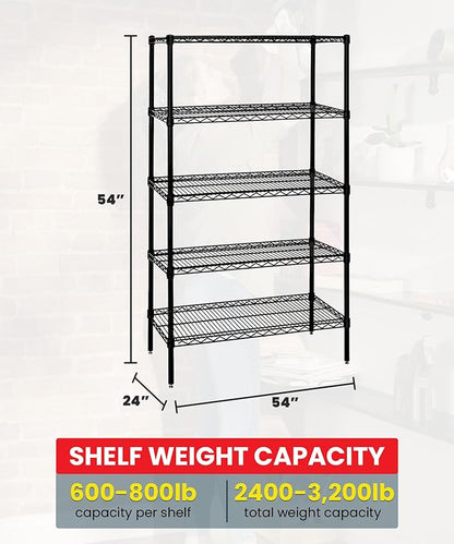 Quantum Storage Systems WR54-2454BK-5 Wire Shelving Starter Kit, 54" W x 24" D x 54" H, 600 lbs Capacity, Carbon Steel, Epoxy Coated, Black, NSF