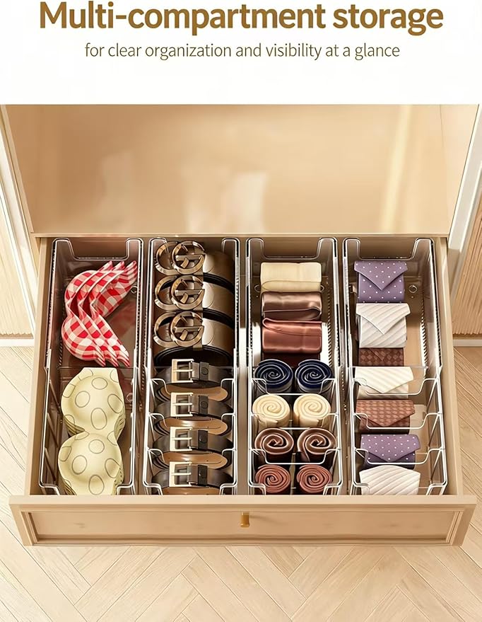 Belt Organizer-2 Pack，Lingerie Organizer for Drawer，Clear Extendable Stackable Storage Bin，for Wardrobe Drawers, Stores Belts Ties Underwear Face Masks