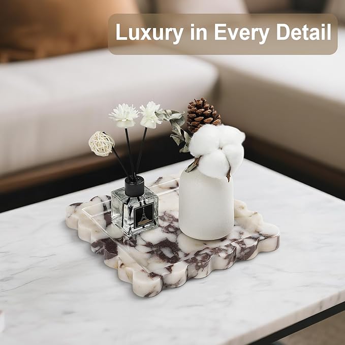 Natural Marble Vanity Tray - Moujings Genuine Marble Perfume Tray for Bathroom Decor, Stone Bathroom Vanity Organizer Tray for Kitchen Counter, Candles, Jewelry, Coffee, Makeup, Key