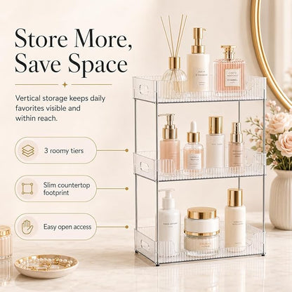 Goderewild 3 Tier Bathroom Counter Organizer, Multi-Purpose Cosmetics Skincare Shelf, Fits A4 Size Makeup Organizer for Office and Vanity Tray, Countertop Storage Solution for Kitchen,Bath.(Clear)