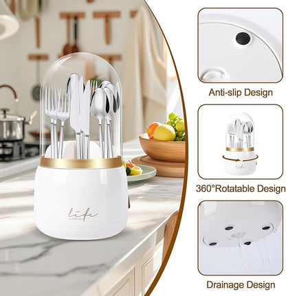 360° Rotating Silverware Utensil Holder for Kitchen Counter, Spoon and Fork Holder with Cover, Cooking Utensil Organizer with 7 Slots and Intermediate Drainage Device for Kitchen Decor(White)