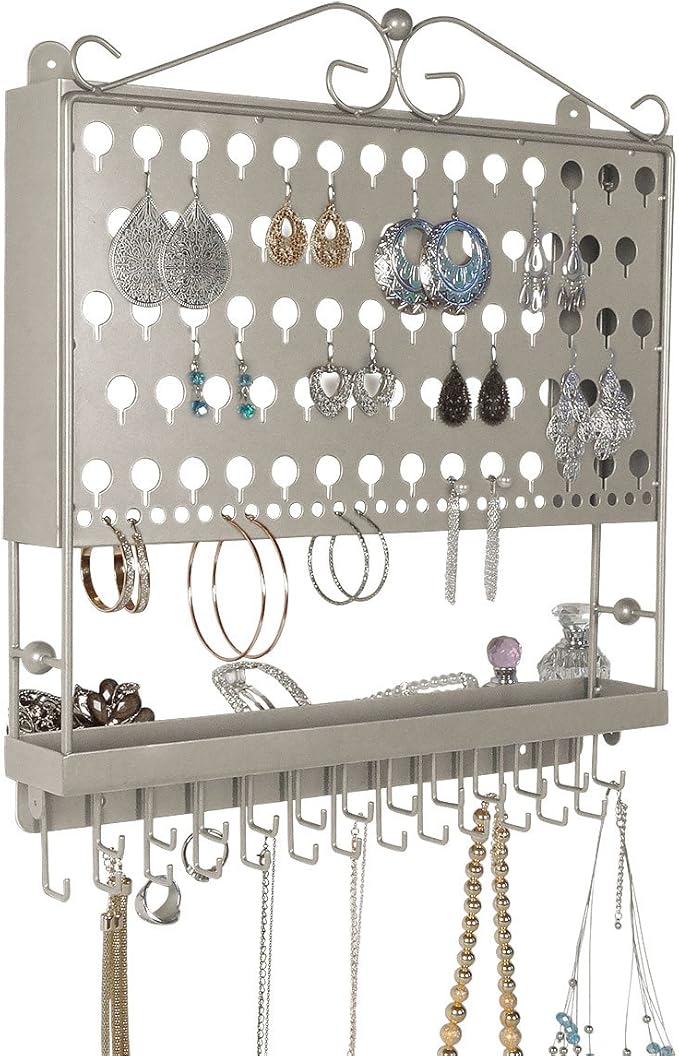 JR20-SN Silver Satin Nickel Wall Mounted Organizer Necklace Holder Earring & Jewelry Display Rack with Tray