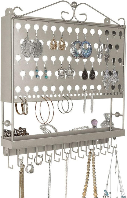 JR20-SN Silver Satin Nickel Wall Mounted Organizer Necklace Holder Earring & Jewelry Display Rack with Tray