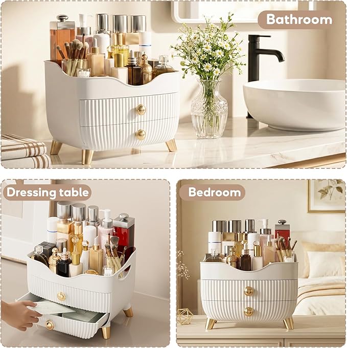 Makeup Organizer Countertop, Large Capacity Skincare Cosmetic Organizer for Vanity with 2 Drawers, Cosmetic Display Cases Makeup Storage Box for Bedroom, Bathroom, Ideal Gifts for Women(White)