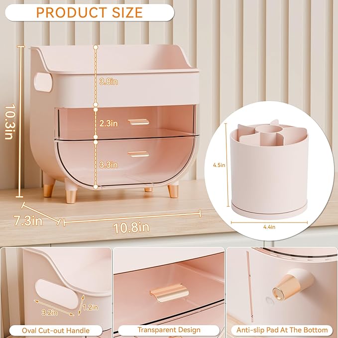 Yieach Pink Make up Organizer for Countertop,Vanity,Large Capacity Bathroom Makeup Skincare Organizers With Brush Holder,Makeup Storage Organizer for Lotion,Beauty Products,Skin Care,Makeup Display