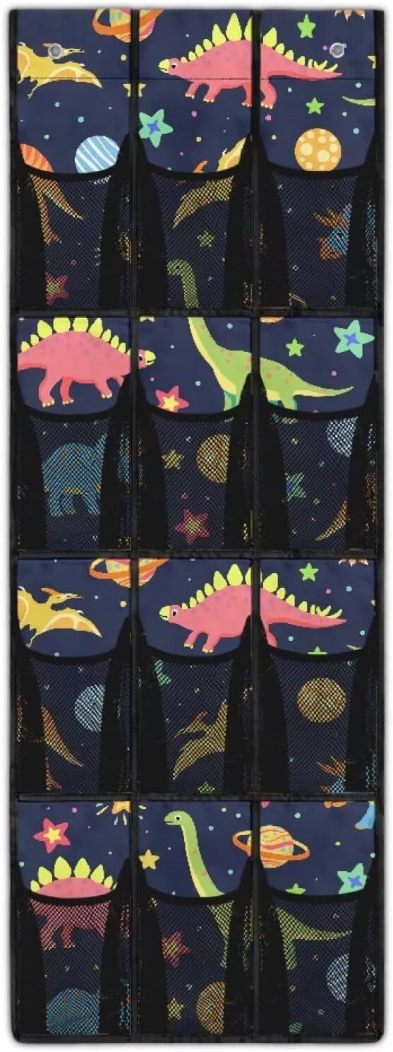Over The Door Organizer with 12 Mesh Pockets Foldable Hanging Closet Storage Sundries Stuffed Animal Storage with 2 Metal Hooks,Cute Dinosaur