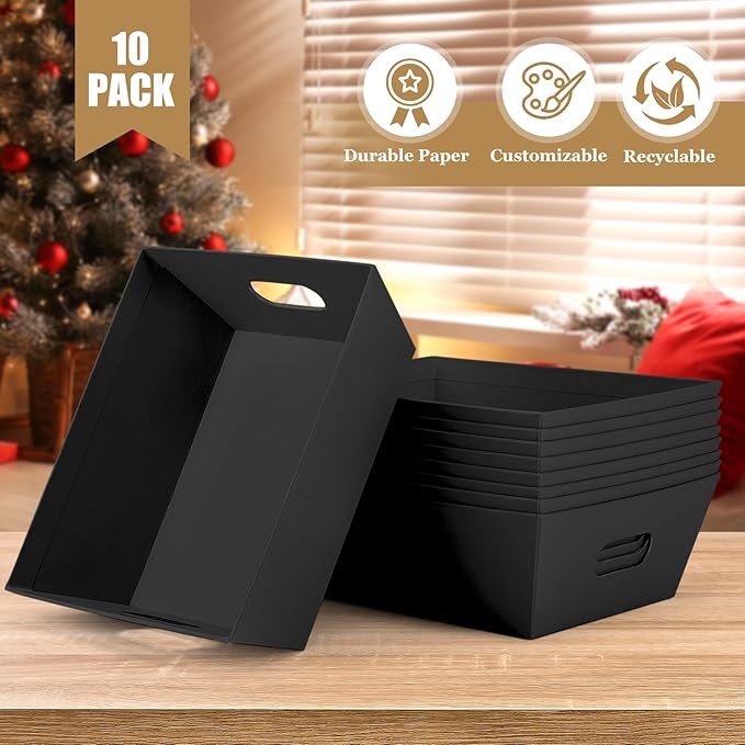 AFOROEOA 10PACK Baskets For Gifts Empty, 10 x 8” Thick Black Gift Basket with 10 Clear Gift Bags and 10 Pull Bows, Empty Gift Baskets for Christmas, Thanksgiving Wedding Birthday Party Wrapping Gift
