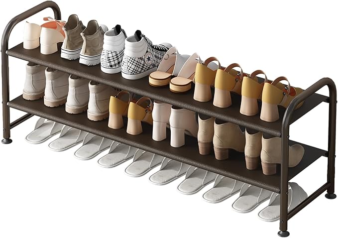 INGIORDAR Shoe Rack 2 Tier Long Storage Organizer Wide Metal Shoe Shelf for Closet Entryway Brown