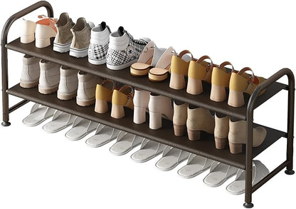 INGIORDAR Shoe Rack 2 Tier Long Storage Organizer Wide Metal Shoe Shelf for Closet Entryway Brown