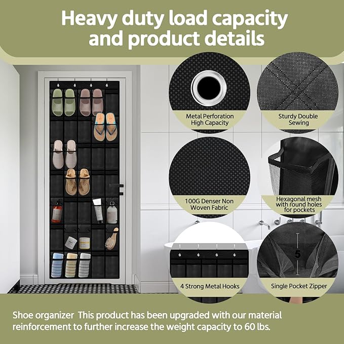 PAULONE 35 Pocket Over the Door Shoe Organizer,Reusable Breathable Large Mesh Bag Men's & Women's Sneaker Organizer,Shoe Organizer for Kids,Hanging Shoe Storage Hanging Bag (Black)