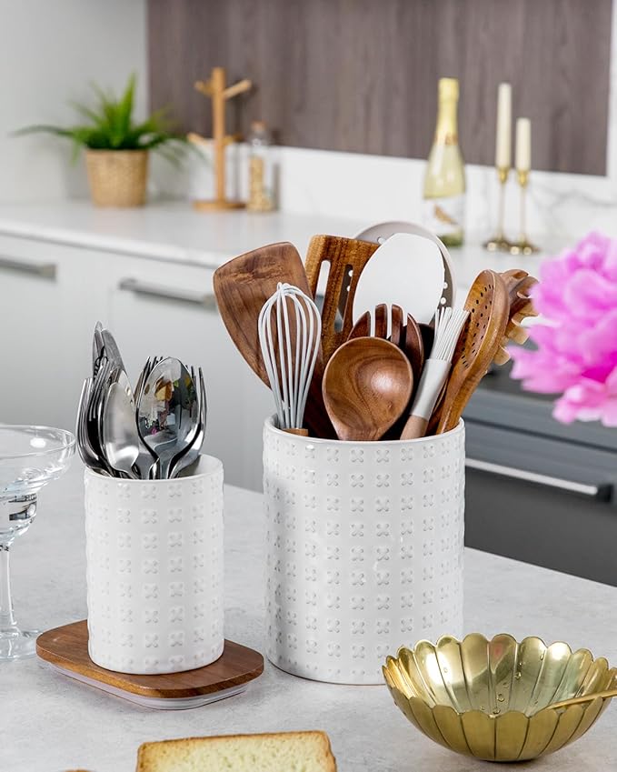 Nucookery Utensil Holder, Extra Large Ceramic Utensil Crock for Kitchen Counter, Stable Spatula & Flatware Organizer, Farmhouse Embossed Kitchen Decor, Set of 2 (X Texture)
