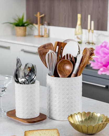 Nucookery Utensil Holder, Extra Large Ceramic Utensil Crock for Kitchen Counter, Stable Spatula & Flatware Organizer, Farmhouse Embossed Kitchen Decor, Set of 2 (X Texture)