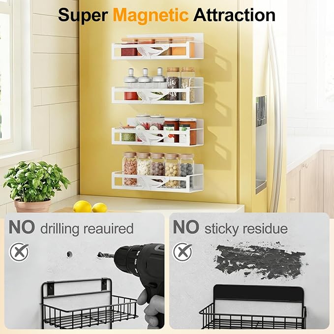 Magnetic Spice Rack for Refrigerator, 4-Pack Metal Seasoning Organizer for Kitchen Storage Organization, Space Saving Magnetic Shelf for Fridge, Pantry, Laundry Room, White