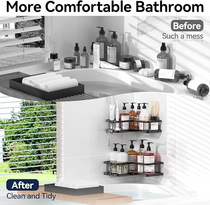 YASONIC Corner Shower Caddy 2 Pack, No Drill Adhesive Shower Storage Shelves, Rustproof Stainless Steel Wall Mounted Bathroom Organizer Shelf with 2 Removable Hooks for Dorm & Renters, Black