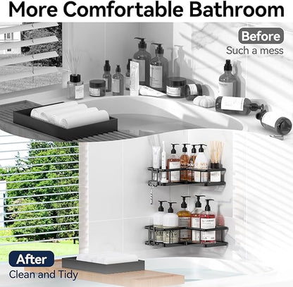 YASONIC Corner Shower Caddy 2 Pack, No Drill Adhesive Shower Storage Shelves, Rustproof Stainless Steel Wall Mounted Bathroom Organizer Shelf with 2 Removable Hooks for Dorm & Renters, Black