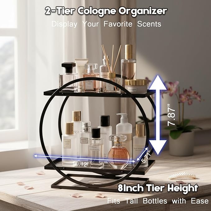 PARBEE Mens Cologne Organizer, 2-Tier Perfume Display Stand Metal Cologne Organizer Display Shelf, Sturdy Makeup Skincare Cosmetic Storage Shelf for Bathroom Countertop