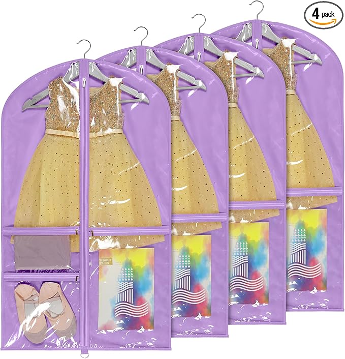 Univivi Dance Costume Bags Garment Bag 40 Inch Hanging Clothes for Dance Competitions, with 3 Medium Clear Zipper Pockets for Dance Costumes, Closet Storage (Purple) - 4 Pack
