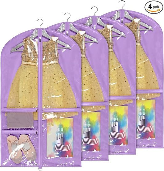 Univivi Dance Costume Bags Garment Bag 40 Inch Hanging Clothes for Dance Competitions, with 3 Medium Clear Zipper Pockets for Dance Costumes, Closet Storage (Purple) - 4 Pack