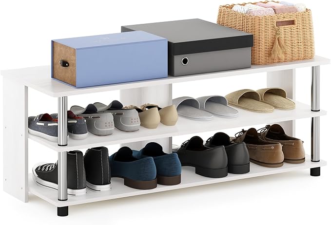 Furinno Turn-N-Tube Shoe Rack, 3-Tier Shoe Organizer, Compact Shoe Storage with Open Shelves and Stainless Steel Tubes, 15.5 x 41.1 x 15.8, for Closet Entryway, Office, Garage, White Oak