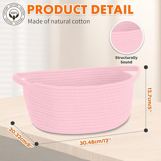 ShellKingdom Storage Basket with Handles, Empty Gift Basket for Christmas with Gift Bags and Ribbon, Small Woven Baskets for Home, Nursery Storage Organizer, 12 X 8 X 5 INCH Pink