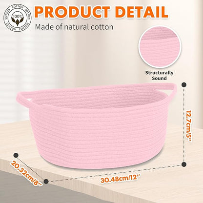 ShellKingdom Storage Basket with Handles, Empty Gift Basket for Christmas with Gift Bags and Ribbon, Small Woven Baskets for Home, Nursery Storage Organizer, 12 X 8 X 5 INCH Pink
