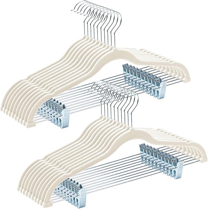HOUSE DAY Velvet Hangers with Adjustable Clips 20 Pack, Non-Slip Suit Organizer with 360° Hook - Heavy Duty Hanger for Pants, Skirts, Blouses, Dresses - Outfit Hangers All-Season Space Saver (Ivory)