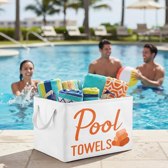 Yungyan Pool Towel Storage Basket Bin and Organizer Large Pool Towel Storage Basket Waterproof Canvas Cube with Handle Beach Gift for Outdoor Summer Seaside Home Clothes Book Toy Organization, Orange
