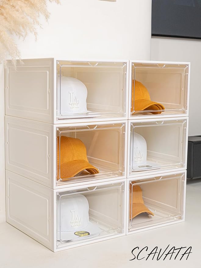 SCAVATA 6 Pack Hat Organizer Box, Stackable Clear Baseball Caps Holder Box Containers with Magnetic Door for Hats Snapback Cap Storag, Hat Rack Display Case, Holds 8 Hats Each (White)