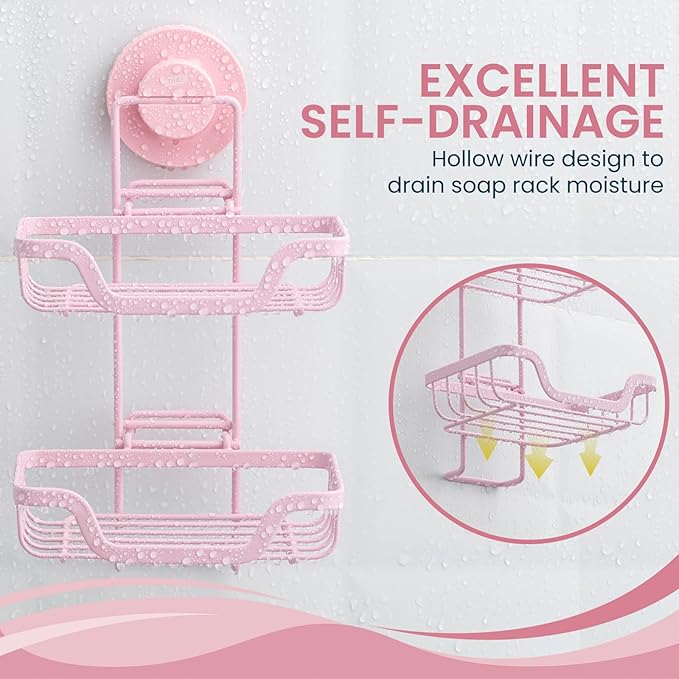 TAILI Double Layer Soap Holder, Bar Soap Dish Suction Cup for Shower Wall, Draining Saver Tray for Bathroom, Rustproof Stainless Steel Sponge Holder for Tub, Kitchen, Drill-Free, Pink
