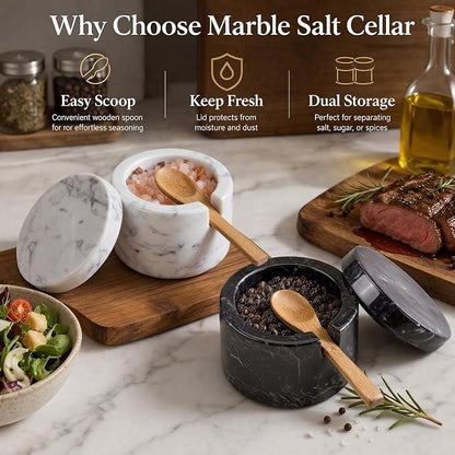 FoldTier 2 Set Marble Salt Cellar with Lid and Wooden Spoon Handcrafted Marble Salt Container Natural Spice Jars White Gray for Pepper Seasonings Small Round for Kitchen