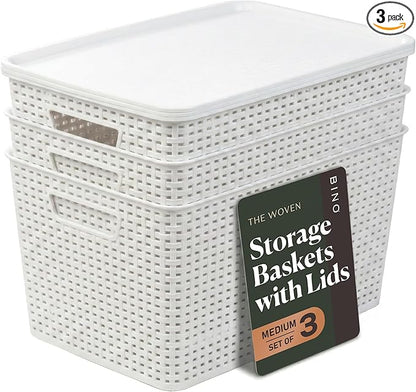 BINO | Plastic Storage Baskets with Lids, 22 Liter - 3 Pack, White | THE WOVEN COLLECTION | Storage Basket for Shelves | Woven Storage Baskets for Organizing Bins Pantry Shelf Organizer Container Bin