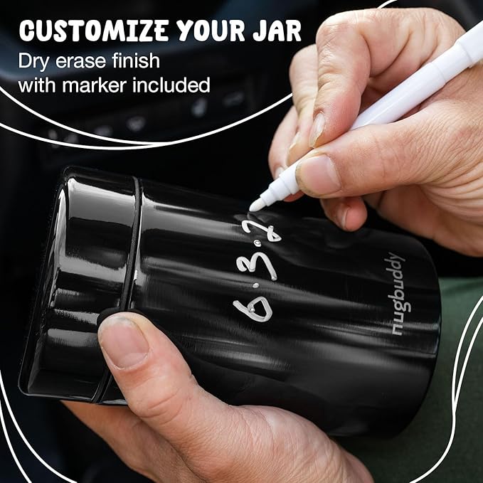 nugbuddy Airtight Storage Container - Vacuum Sealed Insulated w Nested Glass Jar - UV Protection, Temperature Controlled Stainless - Whiteboard Finish w Marker Included - 300 ml (3/4 Oz)