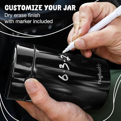 nugbuddy Airtight Storage Container - Vacuum Sealed Insulated w Nested Glass Jar - UV Protection, Temperature Controlled Stainless - Whiteboard Finish w Marker Included - 300 ml (3/4 Oz)