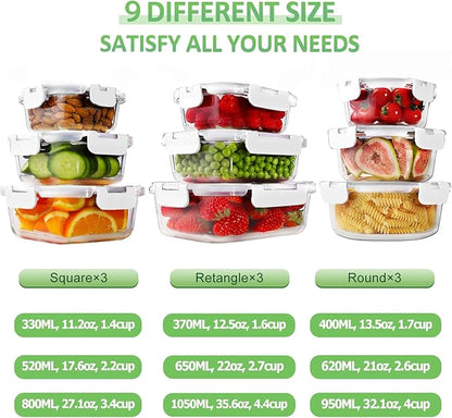 HOMBERKING Glass Food Storage Containers with Lids, [18 Piece] Meal Prep Containers, Airtight Lunch Bento Boxes (9 lids & 9 Containers) - White