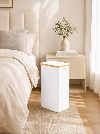 iEGrow 110L Laundry Hamper with Lid，Dirty Clothes Hampers for Laundry,Laundry Basket with Bamboo Handles and Removable Bag,Hamper for Bedroom, Bathroom, Dorm, Laundry Room, White