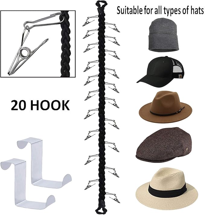 Cap Hanger Hat Hats Baseball Cap Caps Rack Organizer Baseball Cap Holder Cowboy hat Storage , Holds Up to 20 Hats Any Size Style Shape! Door Wall Closet Organize Anything. Hanging on Hanger - No Cap