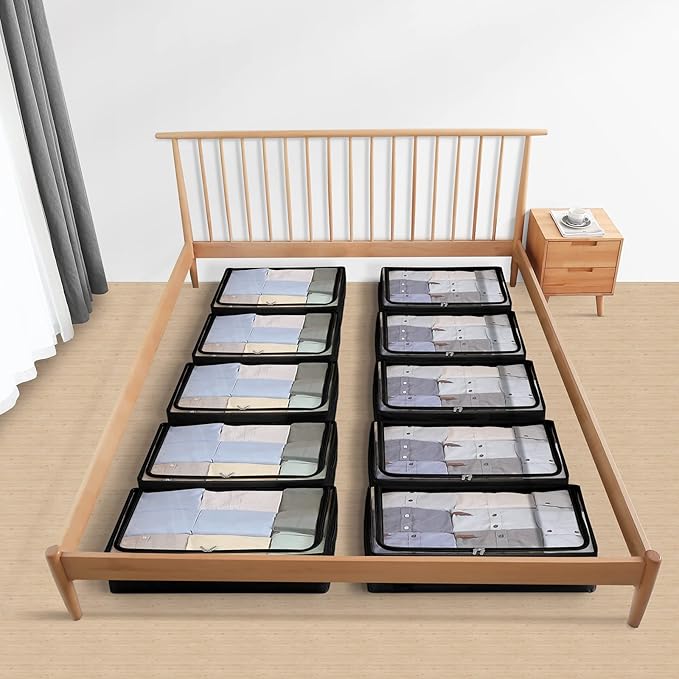 Under Bed Storage Bins Frame Storage Box Oxford Fabric Sturdy Underbed Container Foldable Stackable Large Capacity Clothes Organizer