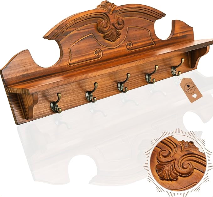 Coat Hanger Wall Mount with Shelf - Gorgeous 24" Farmhouse Coat Rack Wall Mount with Shelf with Hooks for Entryway - Wall Mounted Coat Rack for Wall Hanging Coats, Jackets, Purses, Keys (Brown)