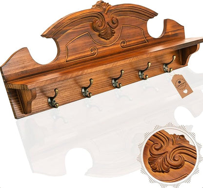 Coat Hanger Wall Mount with Shelf - Gorgeous 24" Farmhouse Coat Rack Wall Mount with Shelf with Hooks for Entryway - Wall Mounted Coat Rack for Wall Hanging Coats, Jackets, Purses, Keys (Brown)