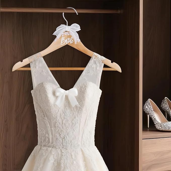 Bride Hanger for Wedding Dress Wooden Pearl Hangers with Pearl Ribbon Bow Elegant Bridal Mrs Wedding Dress Hanger, 2PCS Personalized Wedding Hangers (Burlywood)
